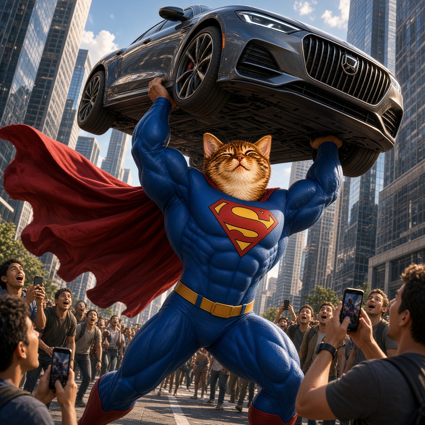 SuperCate lifting a car overhead as a crowd watches