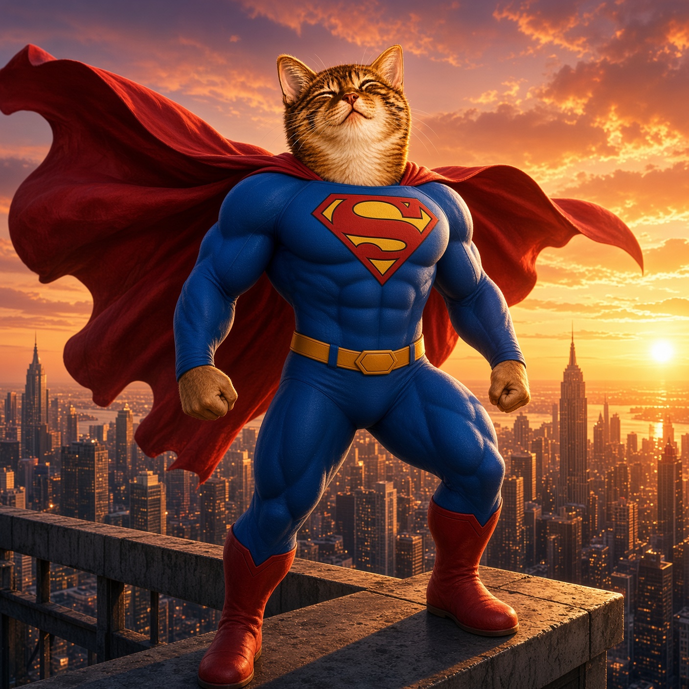 SuperCate standing on a city rooftop at sunset with his red cape flowing