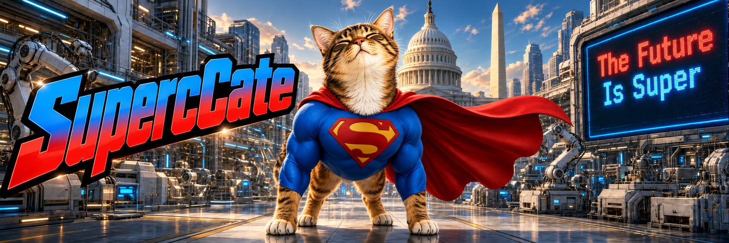 SuperCate standing proudly in a futuristic city with a flowing red cape